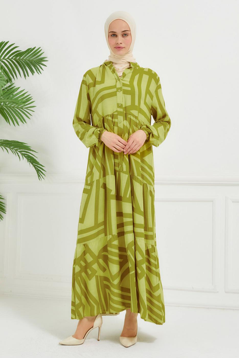 Tesettür giyim YEŞİL DESENLİ VİSKON ELBİSE T 7384