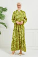 Tesettür giyim YEŞİL DESENLİ VİSKON ELBİSE T 7384