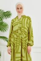 Tesettür giyim YEŞİL DESENLİ VİSKON ELBİSE T 7384