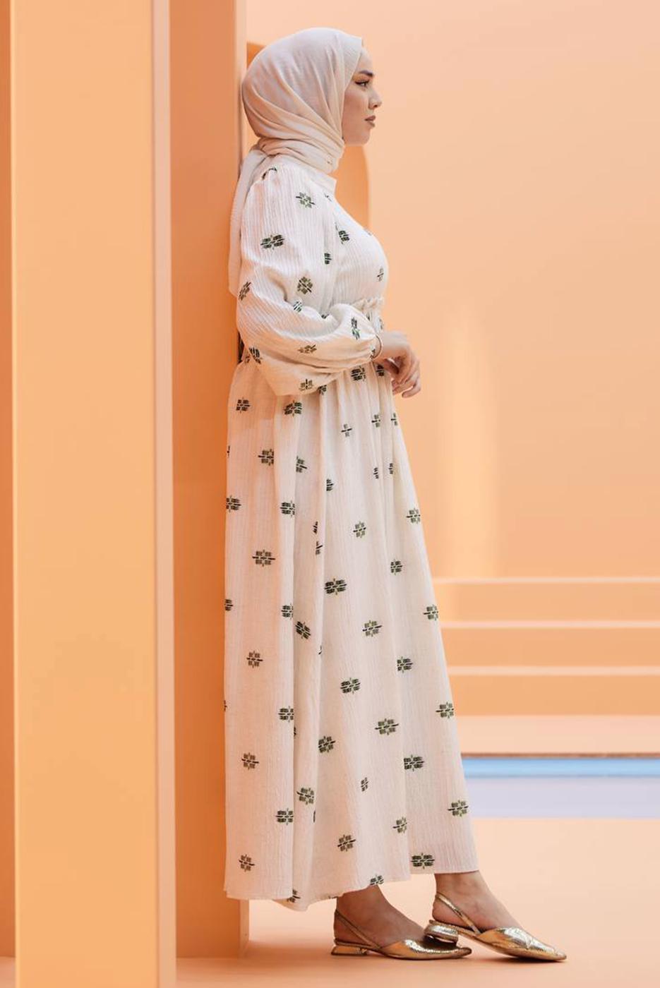 Tesettür giyim KREM DESENLİ ELBİSE T 74542