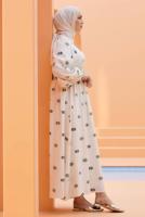 Tesettür giyim KREM DESENLİ ELBİSE T 74542