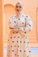 Tesettür giyim KREM DESENLİ ELBİSE T 74542