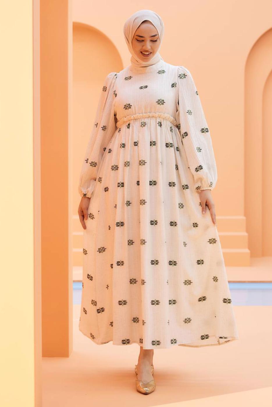 Tesettür giyim KREM DESENLİ ELBİSE T 74542