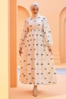 Tesettür giyim KREM DESENLİ ELBİSE T 74542