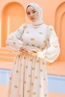 Tesettür giyim KREM DESENLİ ELBİSE T 74542
