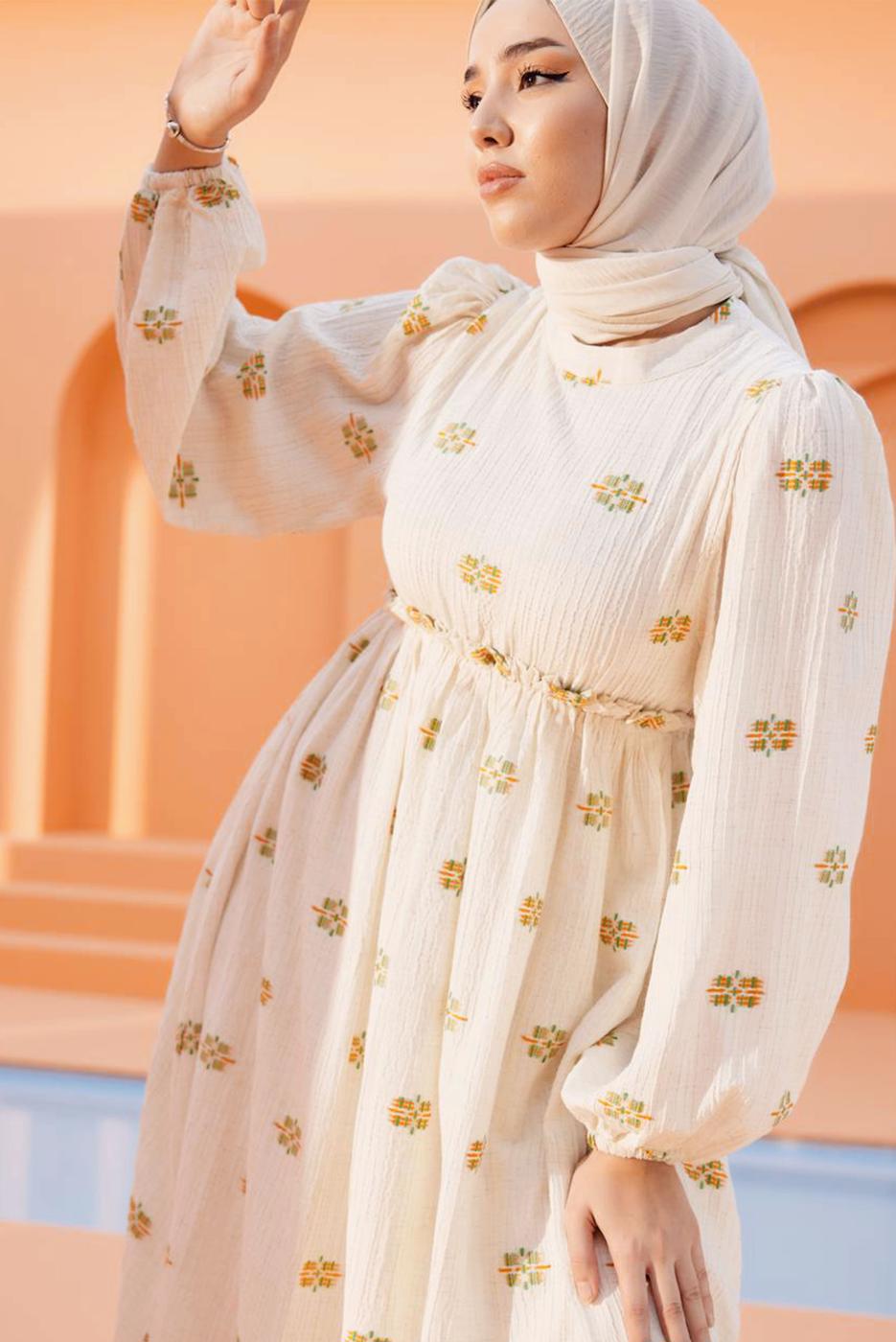 Tesettür giyim KREM DESENLİ ELBİSE T 74542