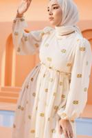 Tesettür giyim KREM DESENLİ ELBİSE T 74542