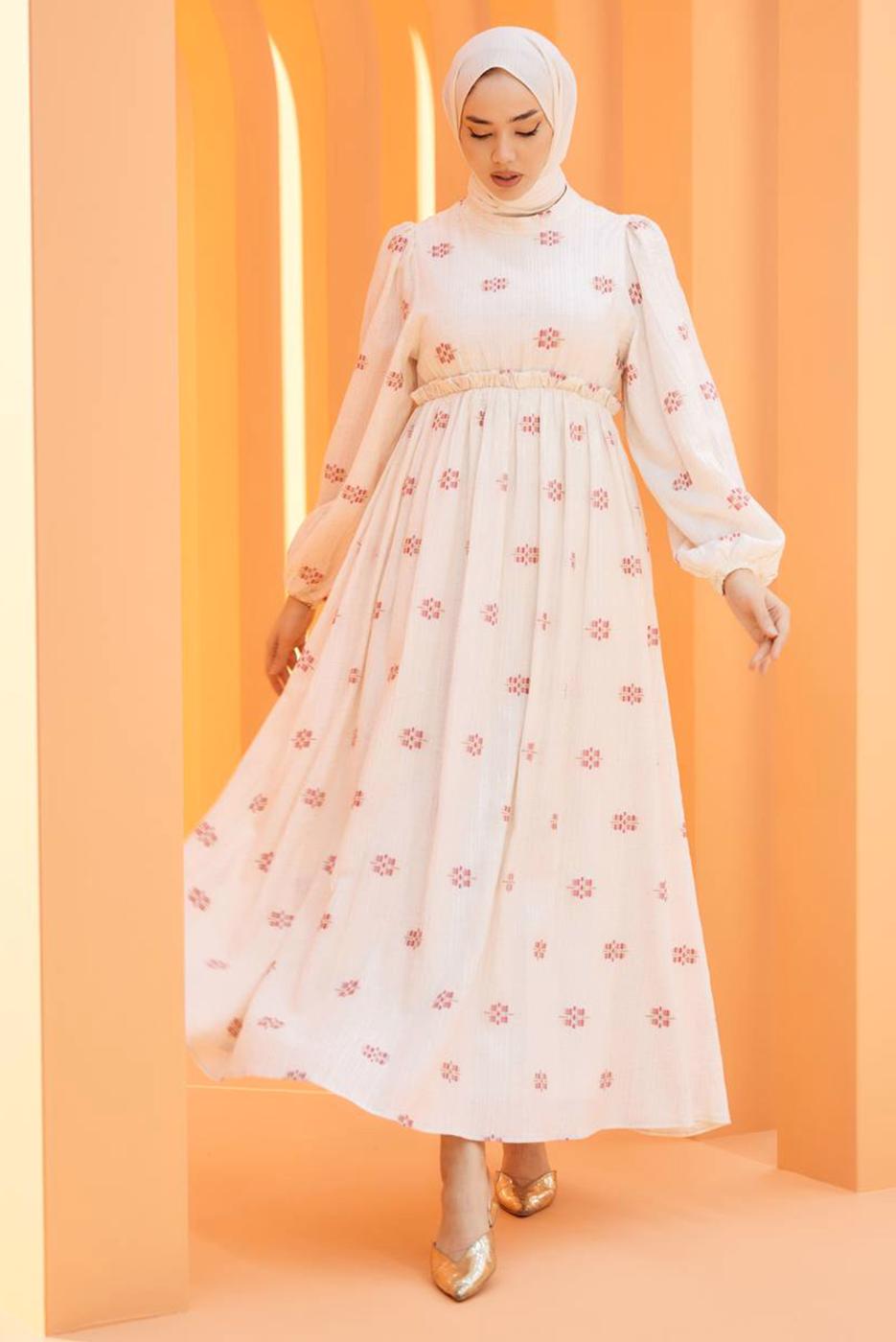 Tesettür giyim KREM DESENLİ ELBİSE T 74542
