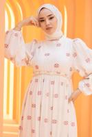 Tesettür giyim KREM DESENLİ ELBİSE T 74542