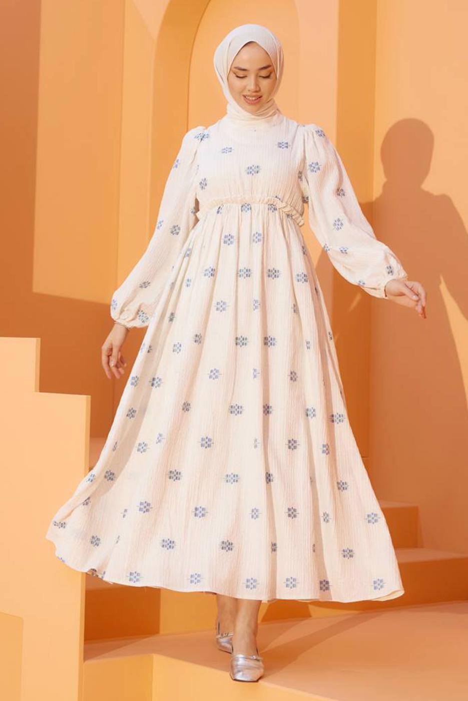 Tesettür giyim KREM DESENLİ ELBİSE T 74542