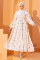 Tesettür giyim KREM DESENLİ ELBİSE T 74542