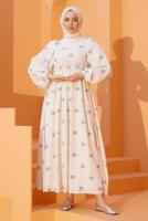 Tesettür giyim KREM DESENLİ ELBİSE T 74542