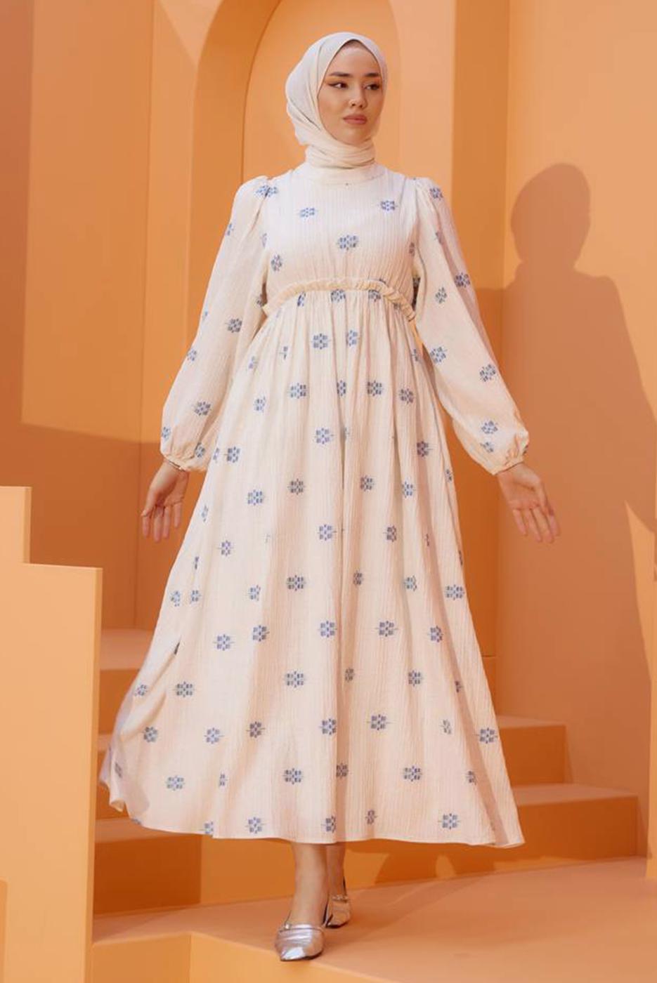 Tesettür giyim KREM DESENLİ ELBİSE T 74542