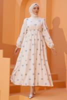 Tesettür giyim KREM DESENLİ ELBİSE T 74542