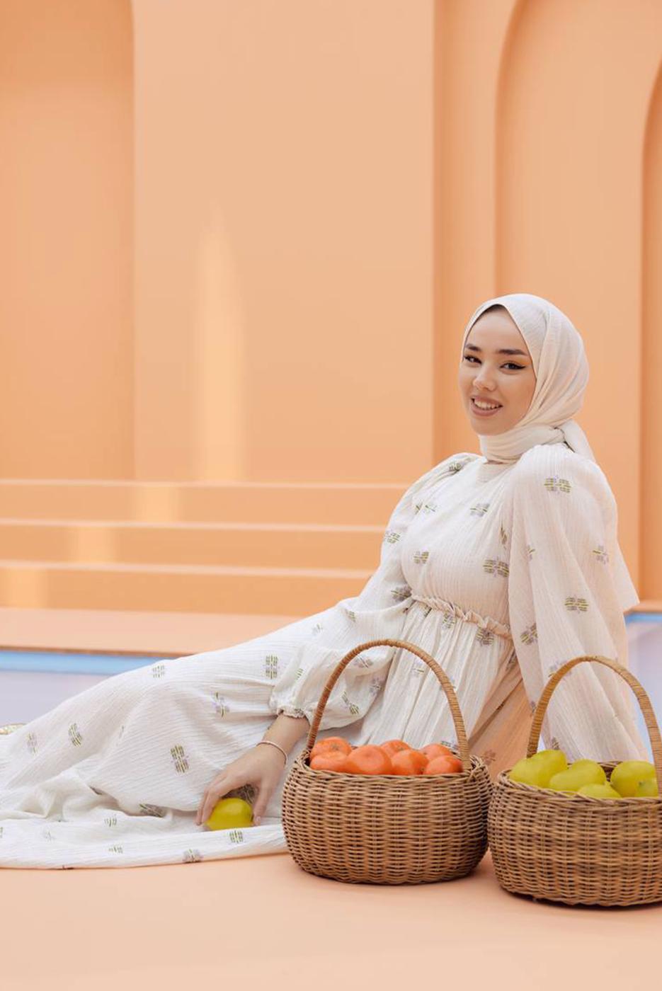 Tesettür giyim KREM DESENLİ ELBİSE T 74542