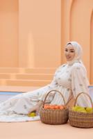 Tesettür giyim KREM DESENLİ ELBİSE T 74542