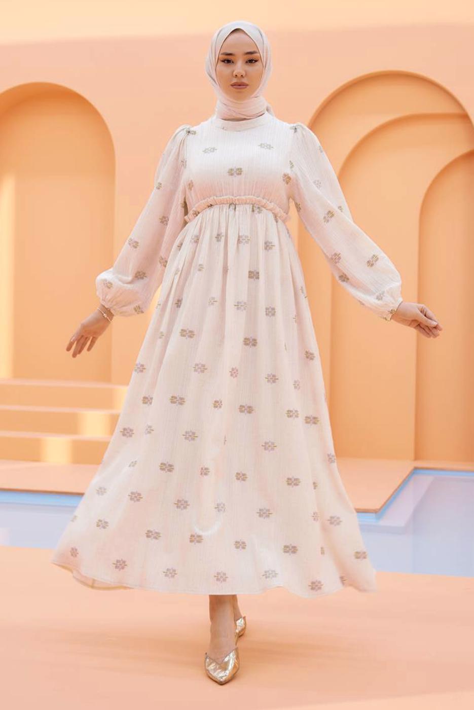 Tesettür giyim KREM DESENLİ ELBİSE T 74542