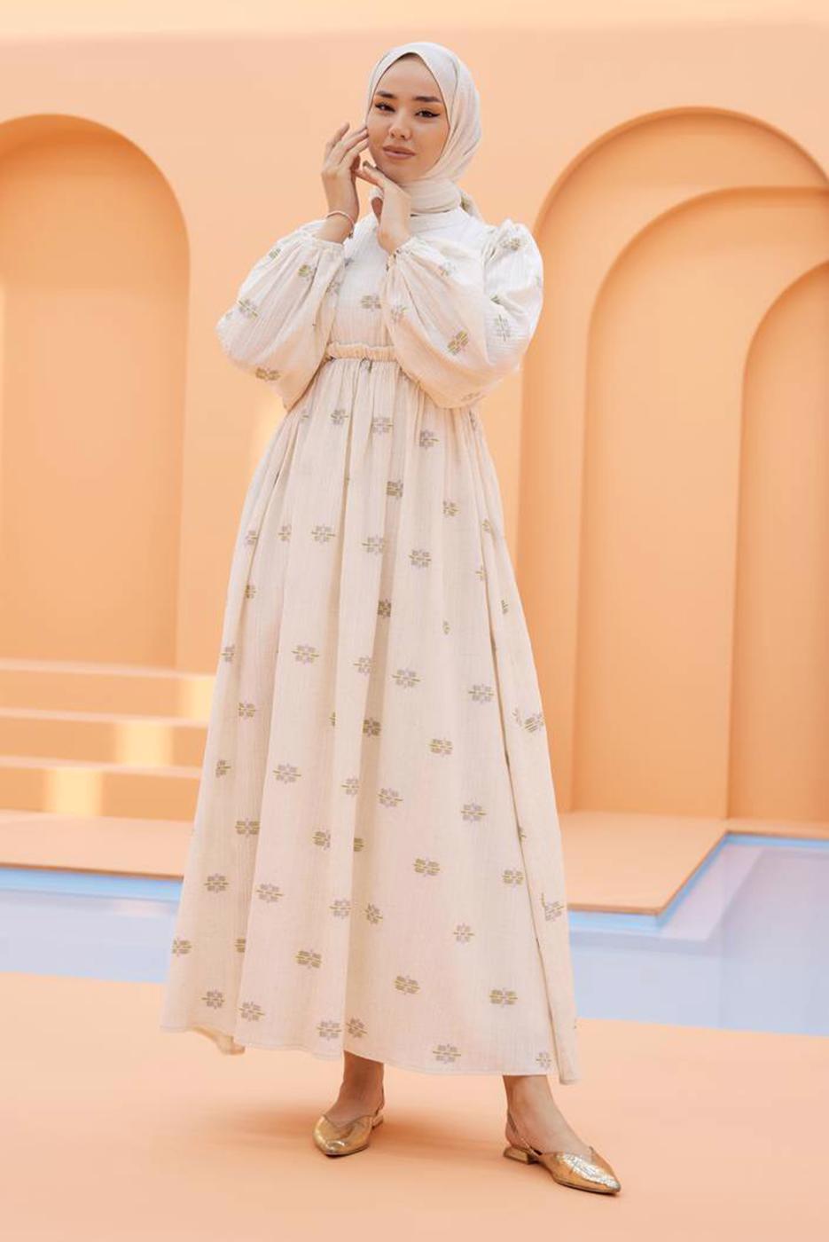 Tesettür giyim KREM DESENLİ ELBİSE T 74542