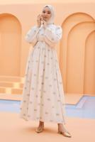 Tesettür giyim KREM DESENLİ ELBİSE T 74542