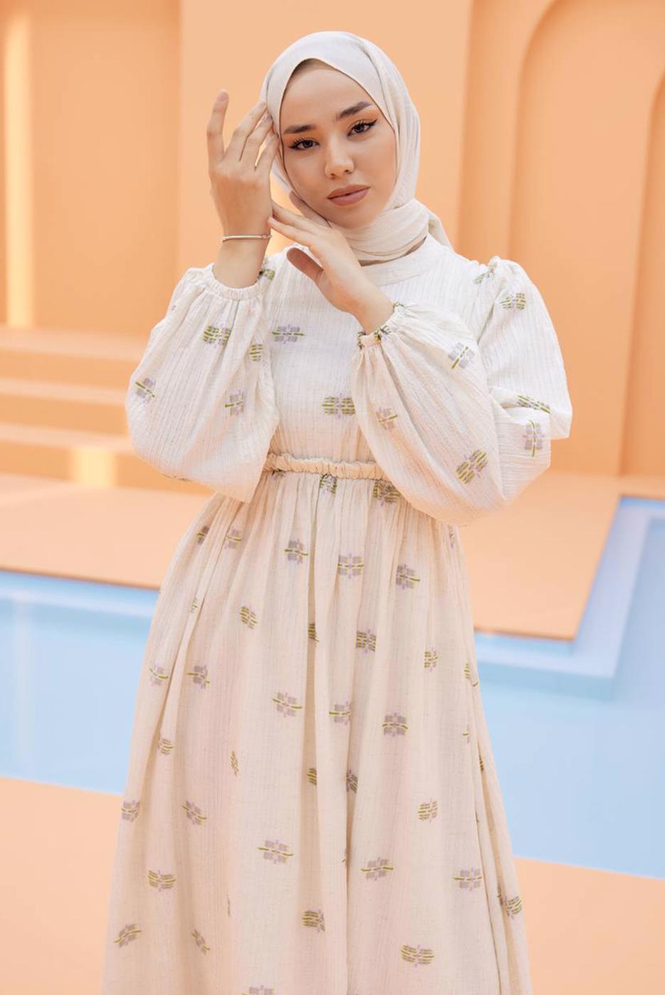 Tesettür giyim KREM DESENLİ ELBİSE T 74542