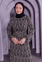 Tesettür giyim SİYAH KUŞAKLI DESENLİ BÜRÜMCÜK ELBİSE T 7493