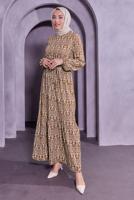 Hijab clothing BROWN BELTED PATTERNED DRESS T 7493