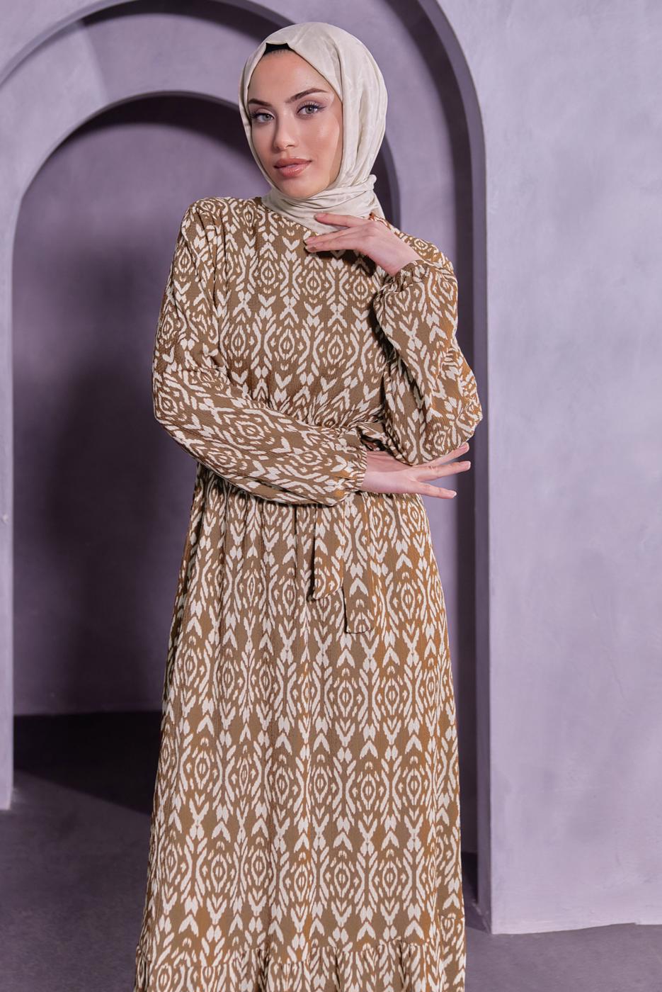 Hijab clothing BROWN BELTED PATTERNED DRESS T 7493