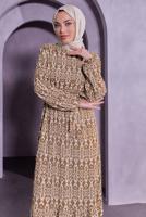 Hijab clothing BROWN BELTED PATTERNED DRESS T 7493