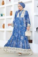 Tesettür giyim MAVİ DESENLİ VİSKON TESETTÜR ELBİSE T 7604