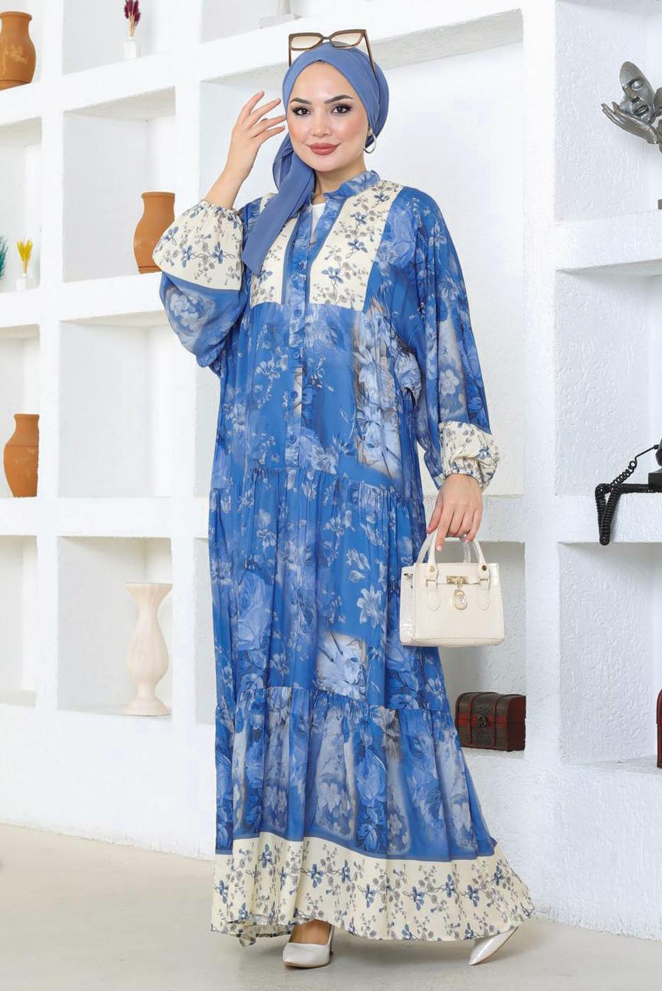 Tesettür giyim MAVİ DESENLİ VİSKON TESETTÜR ELBİSE T 7604