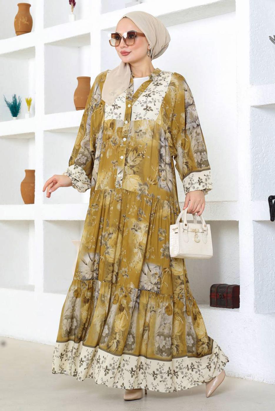 Tesettür giyim SARI DESENLİ VİSKON TESETTÜR ELBİSE T 7604