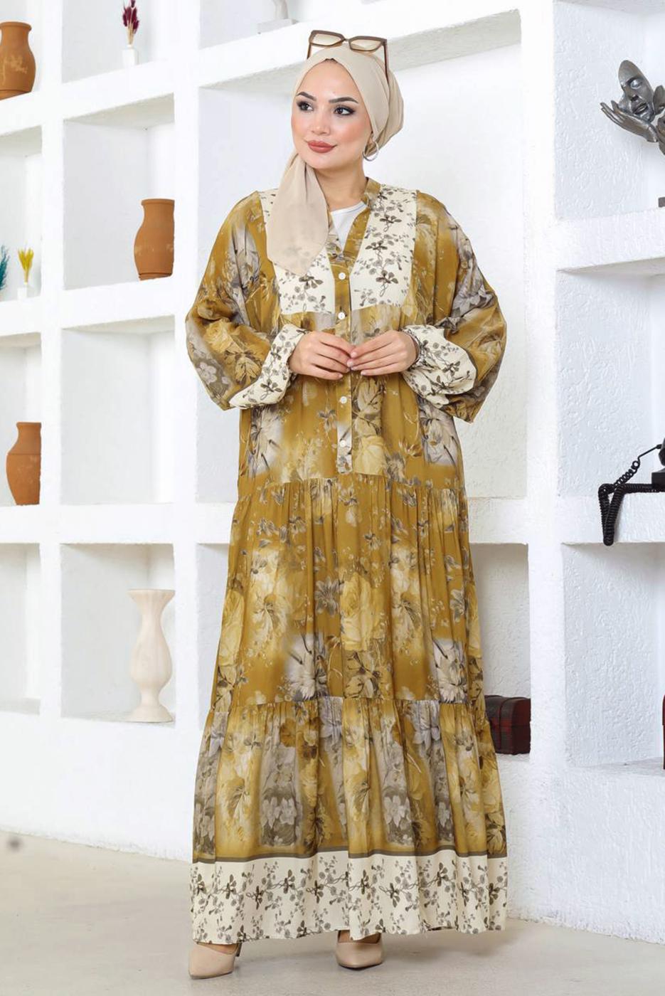 Tesettür giyim SARI DESENLİ VİSKON TESETTÜR ELBİSE T 7604