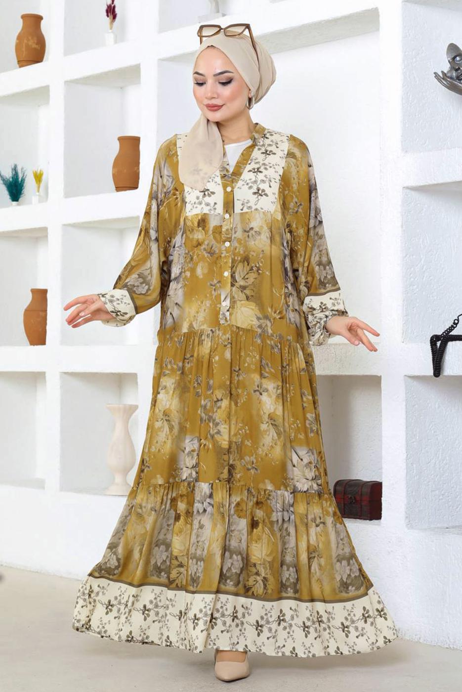 Tesettür giyim SARI DESENLİ VİSKON TESETTÜR ELBİSE T 7604