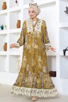 Tesettür giyim SARI DESENLİ VİSKON TESETTÜR ELBİSE T 7604