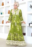 Tesettür giyim YEŞİL DESENLİ VİSKON TESETTÜR ELBİSE T 7604