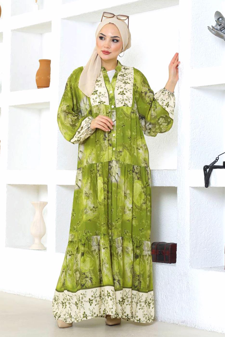 Tesettür giyim YEŞİL DESENLİ VİSKON TESETTÜR ELBİSE T 7604