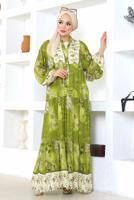 Tesettür giyim YEŞİL DESENLİ VİSKON TESETTÜR ELBİSE T 7604