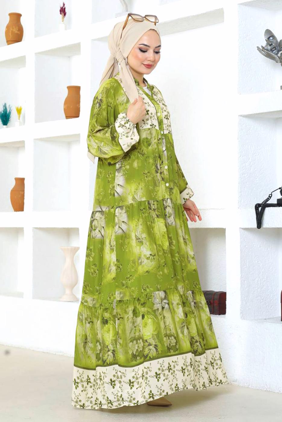Tesettür giyim YEŞİL DESENLİ VİSKON TESETTÜR ELBİSE T 7604