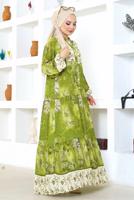 Tesettür giyim YEŞİL DESENLİ VİSKON TESETTÜR ELBİSE T 7604