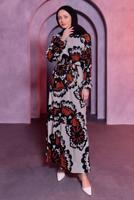 Tesettür giyim KAHVE KUŞAKLI DESENLİ BÜRÜMCÜK ELBİSE T 7693