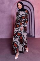 Tesettür giyim KAHVE KUŞAKLI DESENLİ BÜRÜMCÜK ELBİSE T 7693