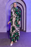 Tesettür giyim YEŞİL KUŞAKLI DESENLİ BÜRÜMCÜK ELBİSE T 7693