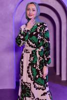 Tesettür giyim YEŞİL KUŞAKLI DESENLİ BÜRÜMCÜK ELBİSE T 7693