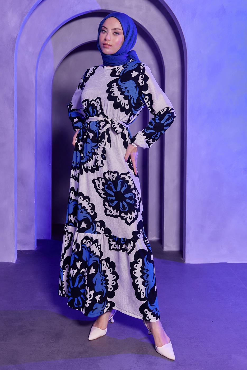 Tesettür giyim LACİVERT KUŞAKLI DESENLİ BÜRÜMCÜK ELBİSE T 7693