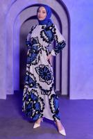 Tesettür giyim LACİVERT KUŞAKLI DESENLİ BÜRÜMCÜK ELBİSE T 7693