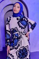 Tesettür giyim LACİVERT KUŞAKLI DESENLİ BÜRÜMCÜK ELBİSE T 7693