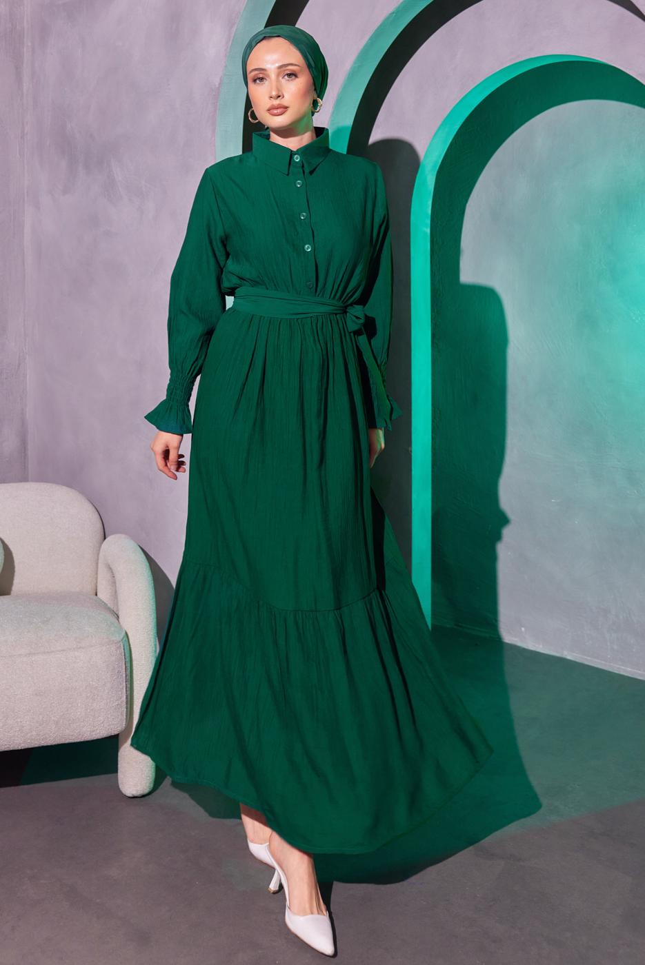 Hijab clothing GREEN BELTED MODEST DRESS T 7814