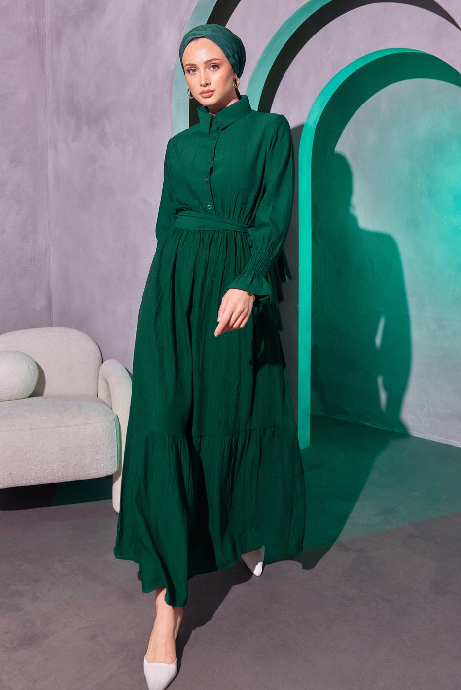 Hijab clothing GREEN BELTED MODEST DRESS T 7814