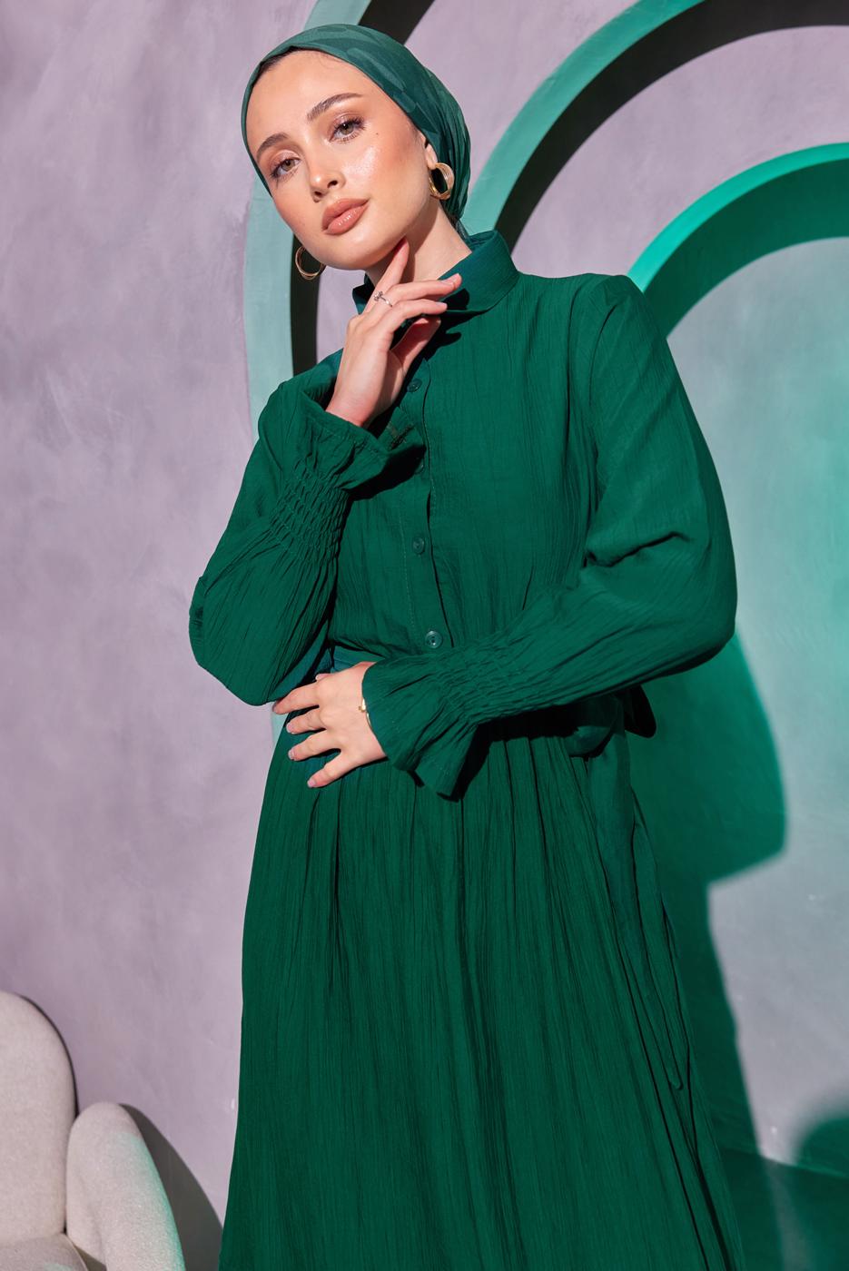 Hijab clothing GREEN BELTED MODEST DRESS T 7814