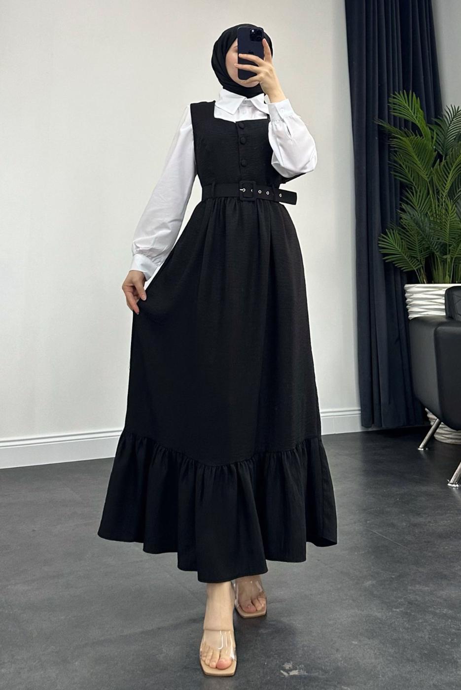 Tesettür giyim SİYAH KEMERLİ JİLE ELBİSE T 7945